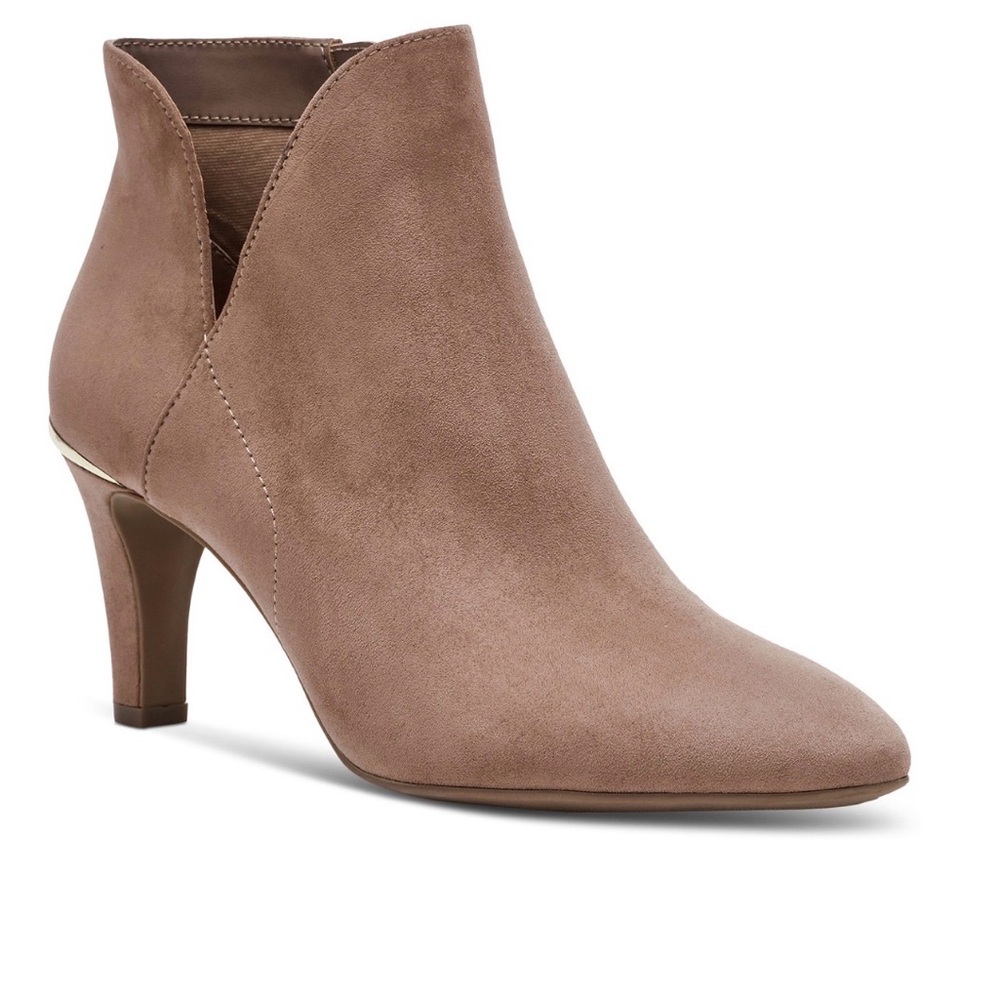 Anne Klein Annabelle Taupe Ankle Booties Size 8.5M Suede Kitten Heel Zip Booties